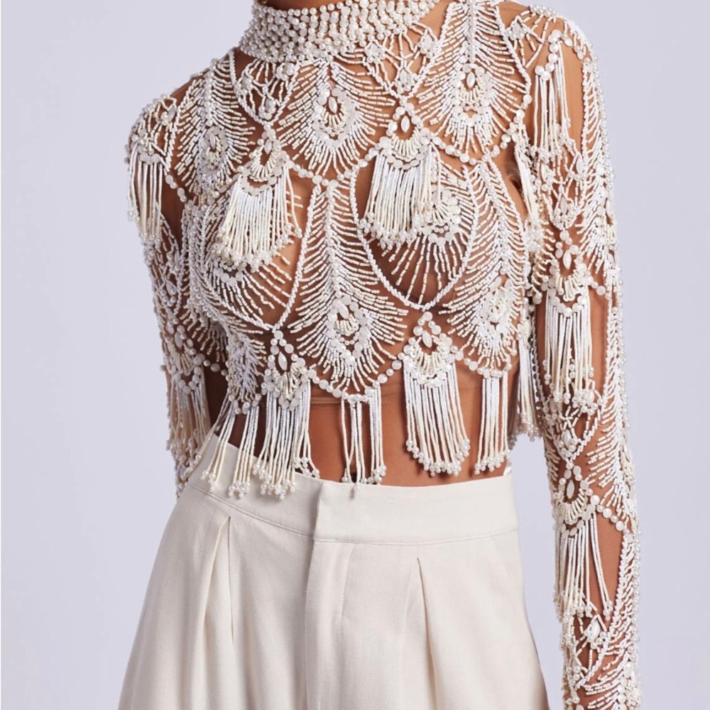 PatBO Ivory Beaded Women's long sleeve couture hand beaded blouse size 8 new!